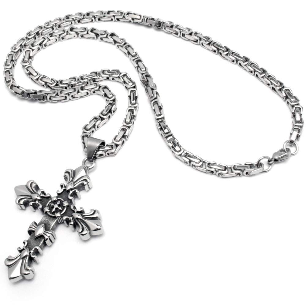 Lilien-Kreuz Anhänger mit Königskette Gothic Kreuz 316L Edelstahl Silber Fleur de Lis Halskette Kette Bikerschmuck Männerschmuck Geschenk