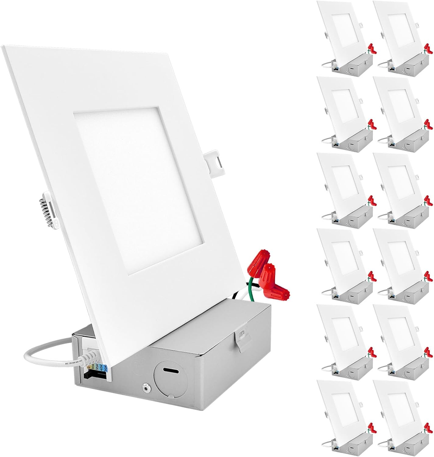 SUNPERIAN 6 Inch Square Ultra-Thin LED Recessed Lighting with Junction Box, 5 Color Options 2700K/3000K/3500K/4000K/5000K, 12W, 1000 Lumens, Dimmable Wafer Lights, Wet Rated, IC Rated (4 Pack)