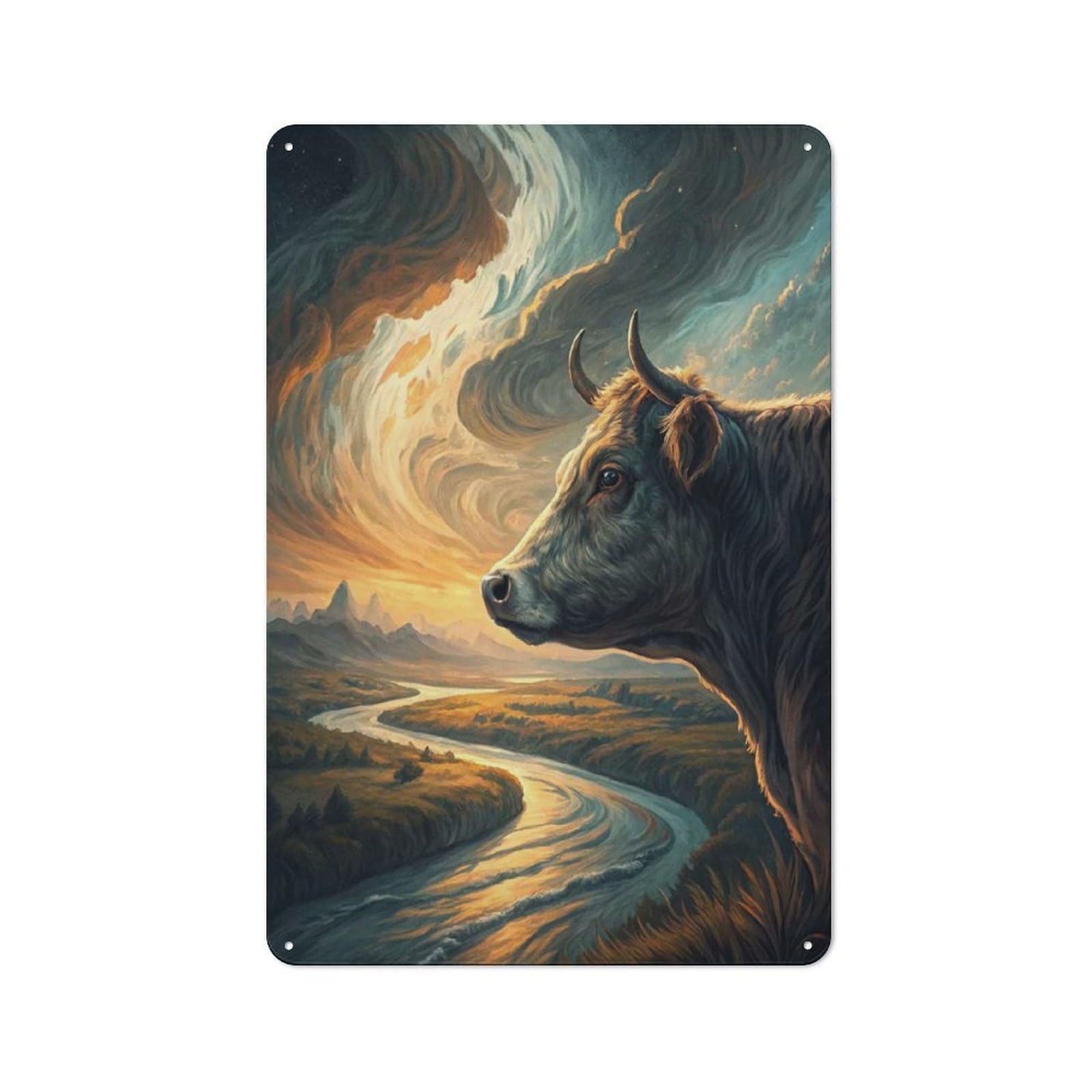 Decorative Tin Plaque with Majestic Cow Overlooking A Winding River Design 30x20cm, Decorative Novelty Wall Art for Bedroom, Kitchen, Office Or Living Room