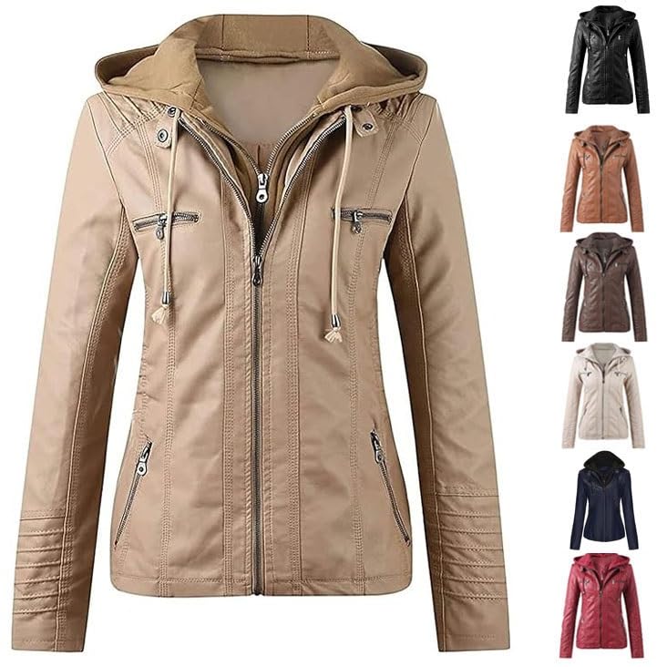 Leather Jacket with Hood Women's Winter Motorcycle Jacket Bomber Jacket Biker Jacket with Zip Removable Transition Jacket Faux Leather Jackets Large Sizes Transition Jacket