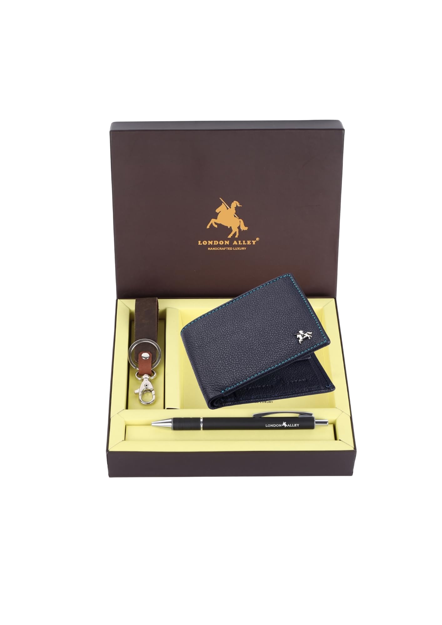 LONDON ALLEY Kevin Classic Blue Leather Wallet, Keyring & Pen Combo Gift Set for Men | Gift Hamper for Men