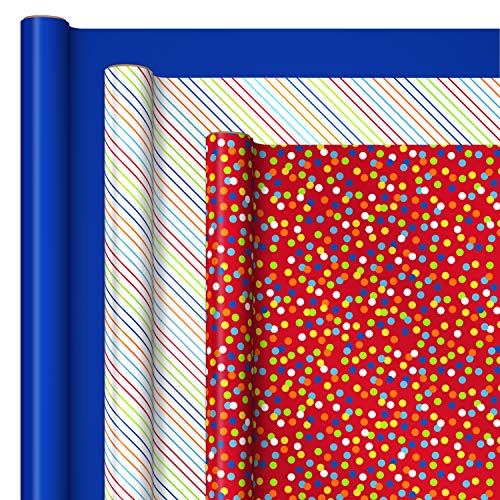 Hallmark Birthday Wrapping Paper With Templates For Handmade Bows On Reverse (3-Pack: 75 Sq. Ft. Ttl) Royal Blue, Rainbow Stripes, Colorful Confetti #TOP4