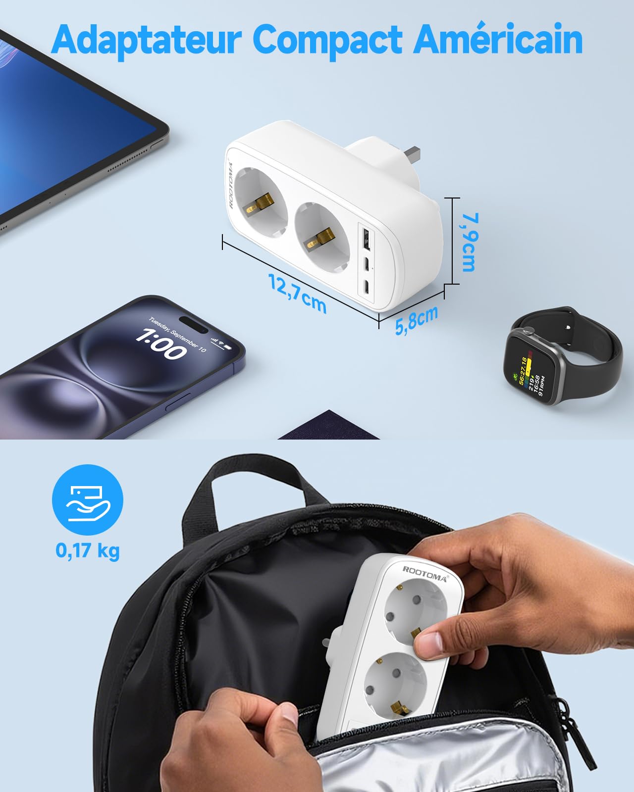 Prise Adaptateur Type G Double Prise avec 3 USB pour Angleterre, Irlande, Dubai, Maldives