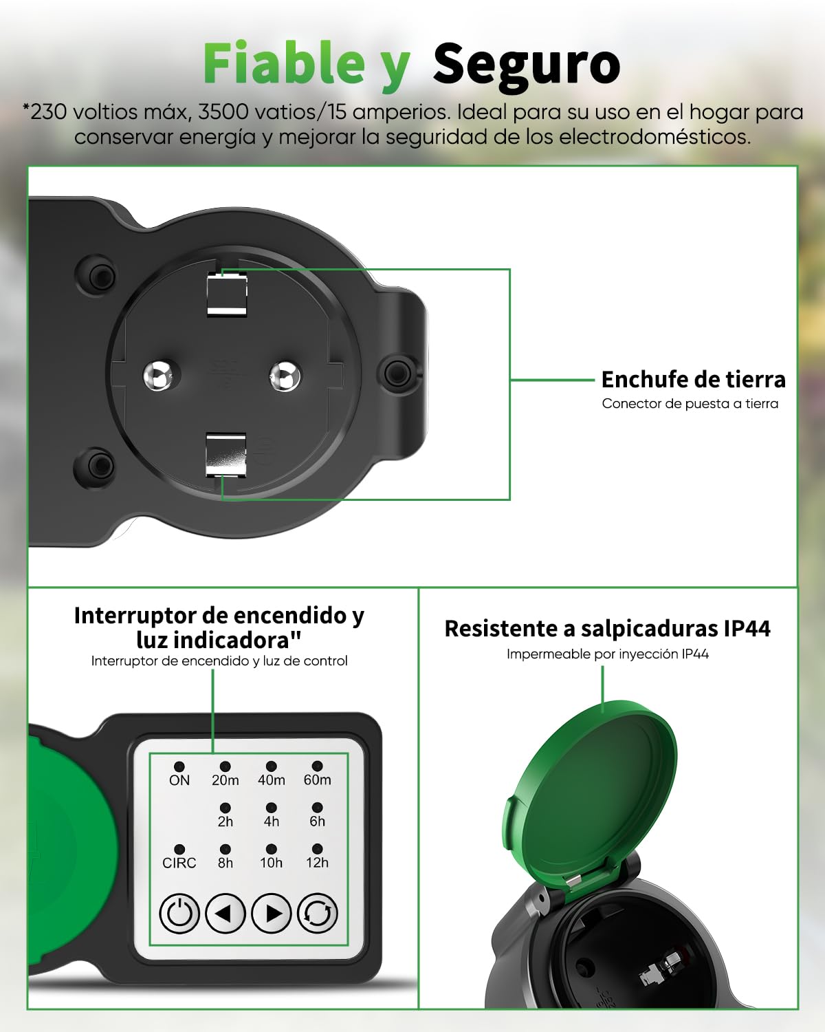 GreenSun Temporizador para Exteriores - Enchufe para Exteriores Temporizador Programador Enchufe programable 24 Horas 16A 230V IP44 Verde
