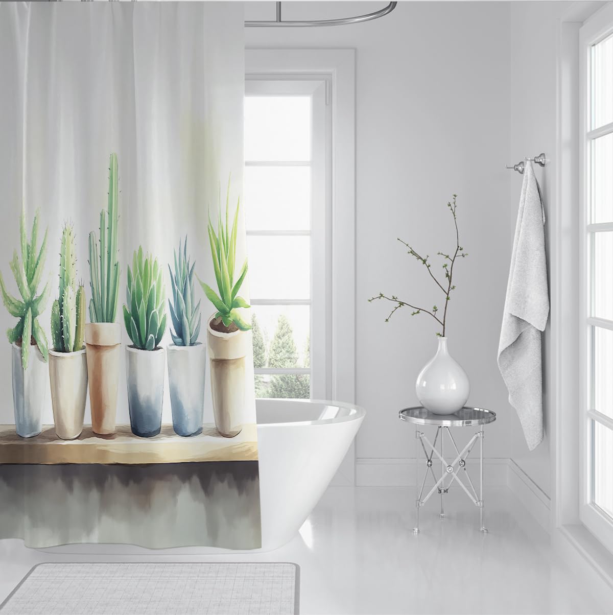 Kaktus-Duschvorhang Aquarell Sukkulenten in Töpfen Design Duschvorhang minimalistisches Grün Badezimmerdekoration wasserdichter Polyesterstoff 200 x 240 cm