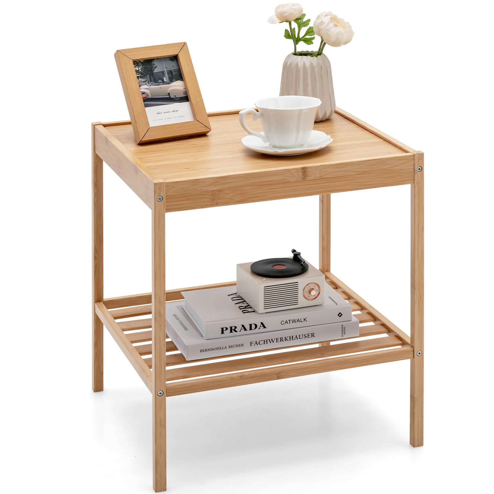 GYMAX Set di 2 Comodini in Bambù, Comodino a 2 Ripiani Portaoggetti, Set di 2 Tavolini Moderno da Soggiorno Camera da Letto, 40 x 40 x 45 cm, Naturale