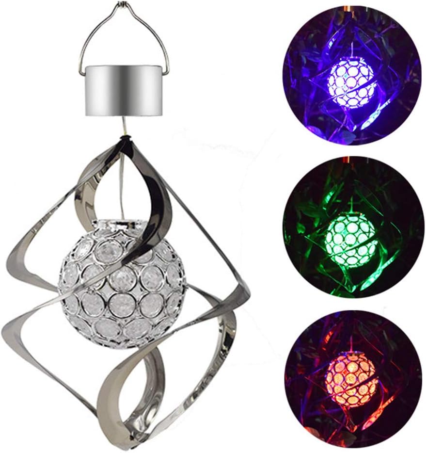 Solar LED Wind Chimes Light,Moving Rotating Colorful Night Light,Color Changing Outdoor Crystal Ball Spinner Hanging Spiral Decorative Light Lamp for Garden Lawn Balcony Porch Window (Silver)