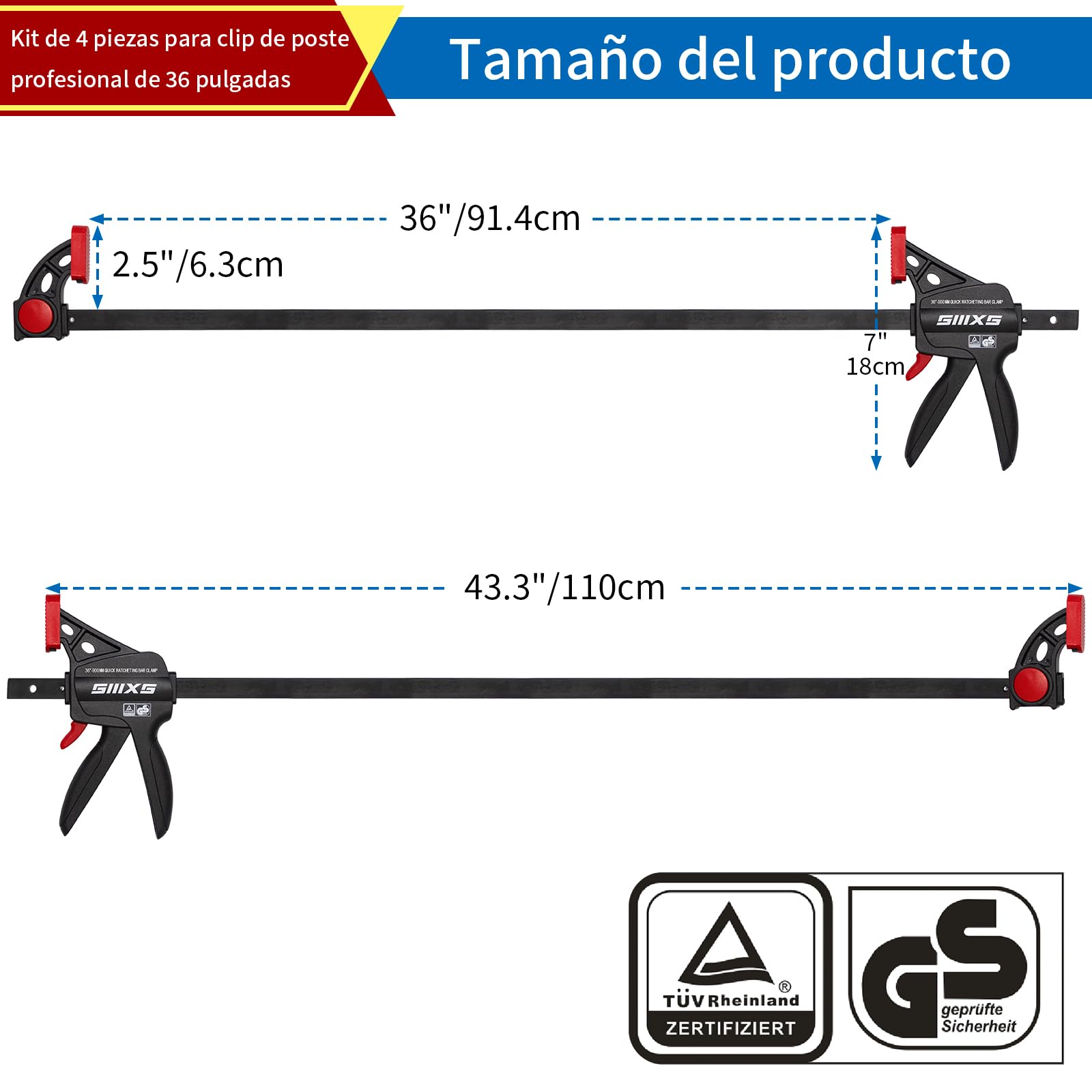Sargentos de Barra, 4 piezas Abrazaderas de Barra, ancho de tensión 914mm, extensión 1100mm, fuerza de tensión 80Kg, con certificado GS