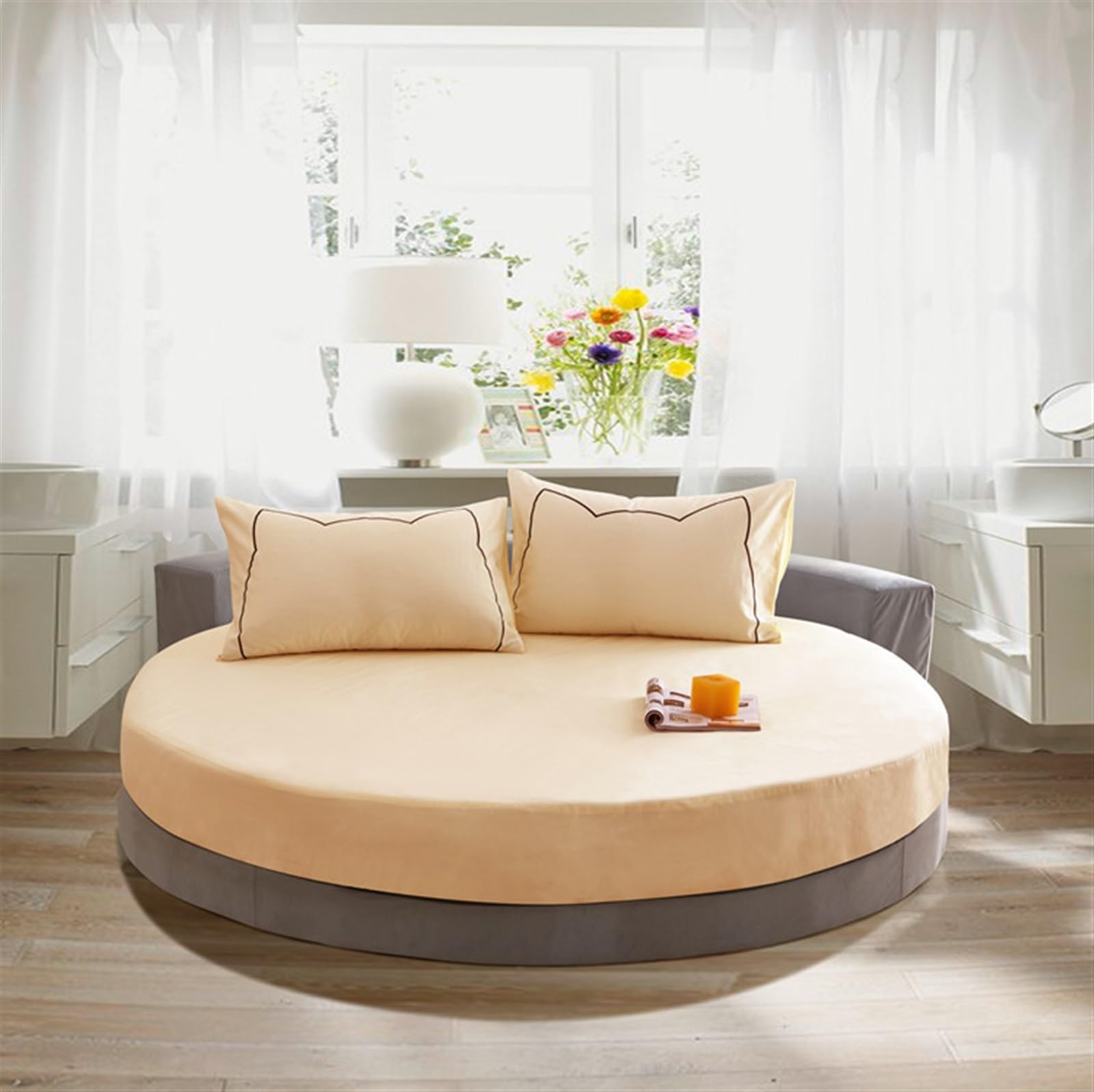 Round bed Fitted Sheets Cotton fabric solid color bedspread soft health Mattress Protectors(Khaki color,Diameter 2.4m)
