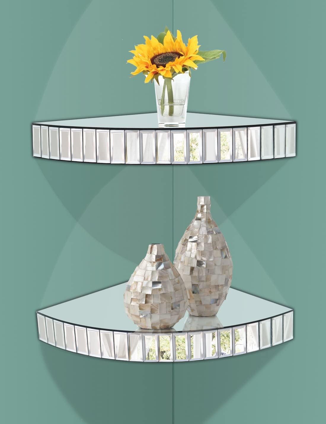 Mirrored Corner Shelf,Silver Mosaic Mirror Floating Shelf,Glass Display Ledge,Bling Corner Organizer,Glam Decorative Wall Shelf,Modern Luxury Mirrored Furniture Showcase,11.8" R×2" H，2PCS
