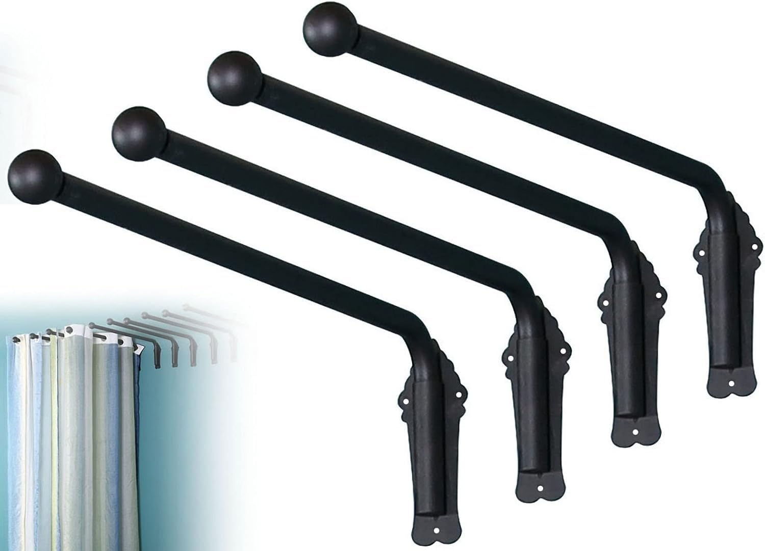 JNTFNE Swing Arm Window Curtain Rod, Heavy Duty Rod With Finials, Portiere For Side Panels Display Stand Drapery Door Rail (Size:70cm,Color:Black 4 Pcs)