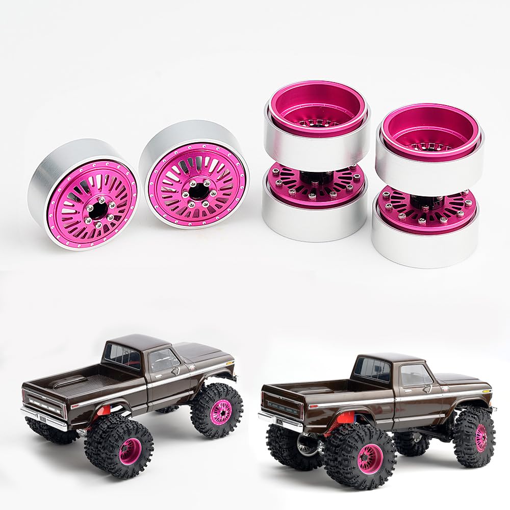 DJX CNC 1.3 inch Front Rear Dually Beadlock Wheels Rim for RC Crawler Car 1/24 Axial SCX24 F150 C10 1/18 Redcat Ascent18 Traxxas TRX4M RC Upgrades Parts(Pink)