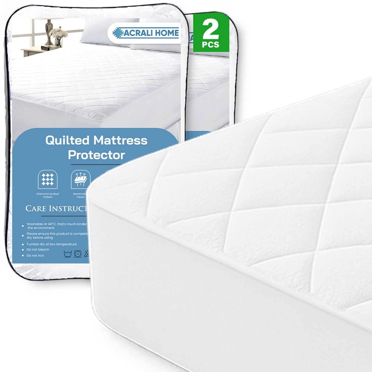 Acrali Home 2 Pack Quilted Double Mattress Protector, UltraSoft 3-Layer Design with Deep Fitted Skirt, Breathable & Anti-Allergy – Machine Washable Bed Cover (137x190+35cm)