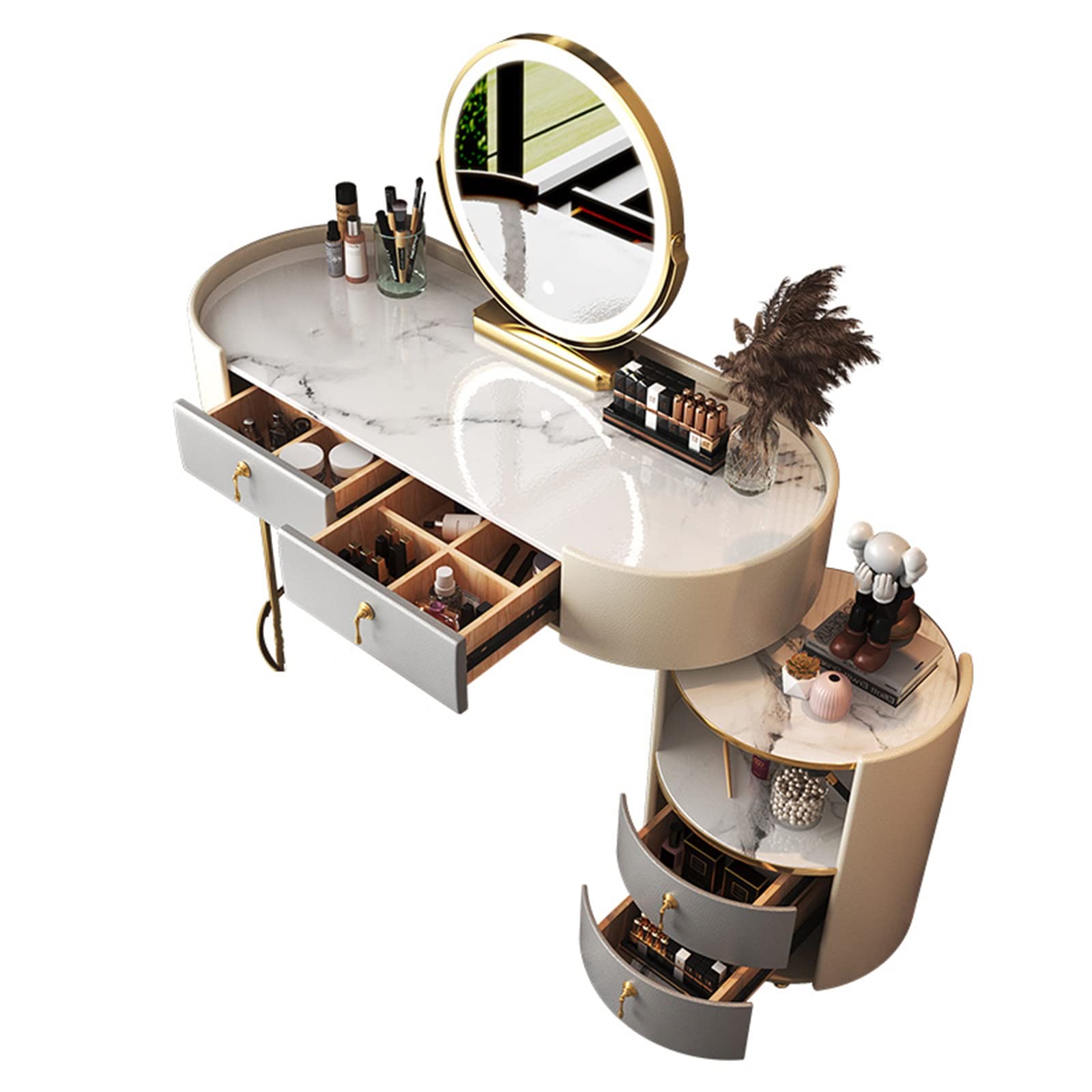 Kaptafel met verlichte spiegel en fluwelen stoel, grote kaptafel, slaapkamer kaptafel, tafelblad met marmereffect, gouden metalen poten (Kleur: Wit-100cm/39.3inch