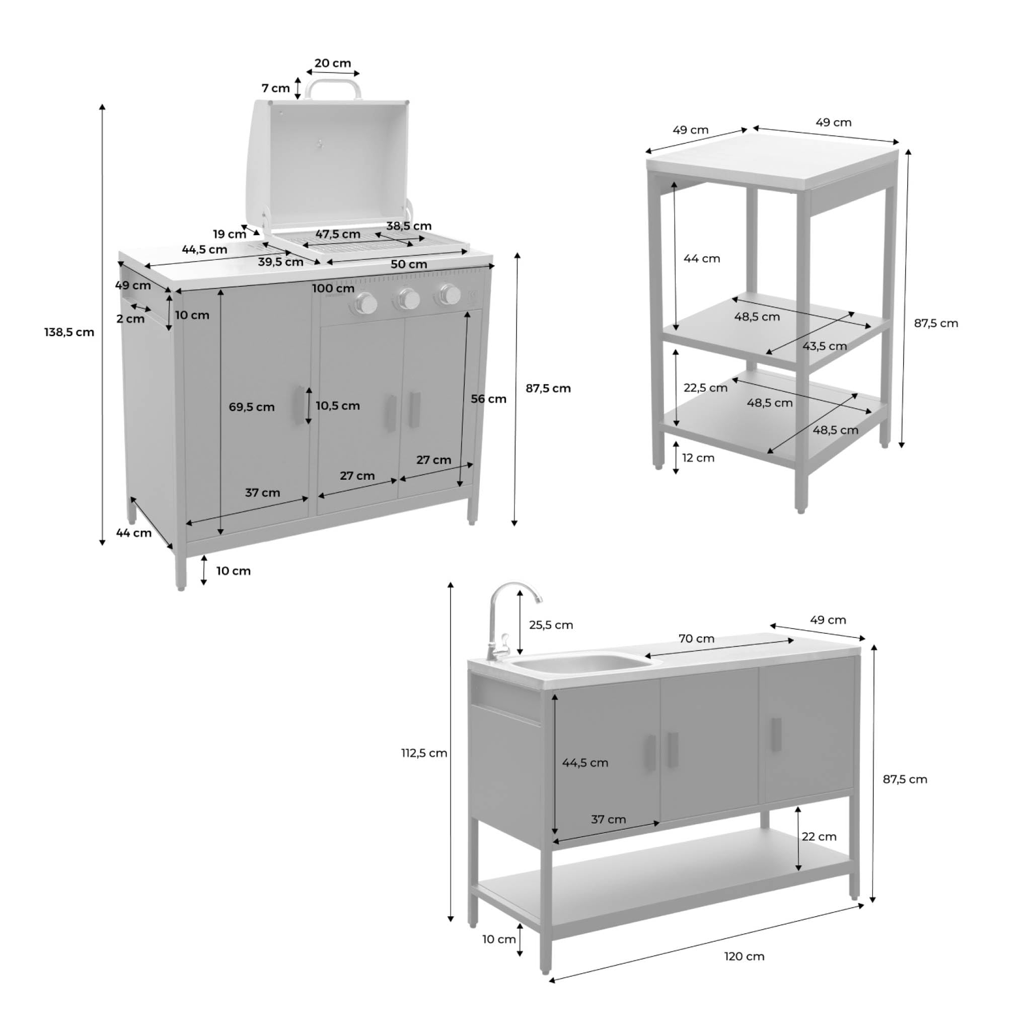 Cucina da esterno 3 moduli con barbecue a gas 3 bruciatori su piedi, termometro Verde - 100x51x87.5 cm