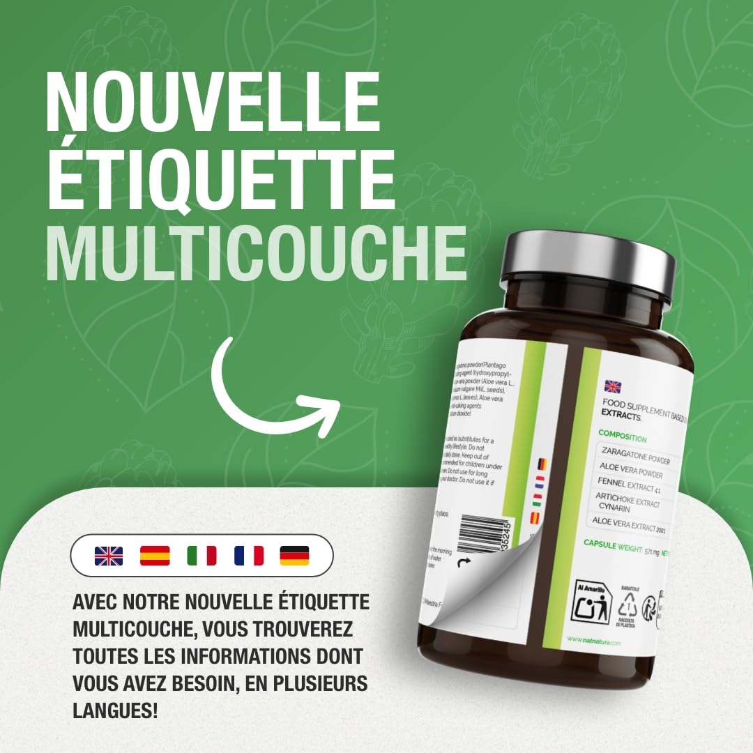 Natnatura Détox Aloe Vera & Artichaut – Fenouil, Psyllium – 90 Gélules – Pour les routines alimentaires irrégulières