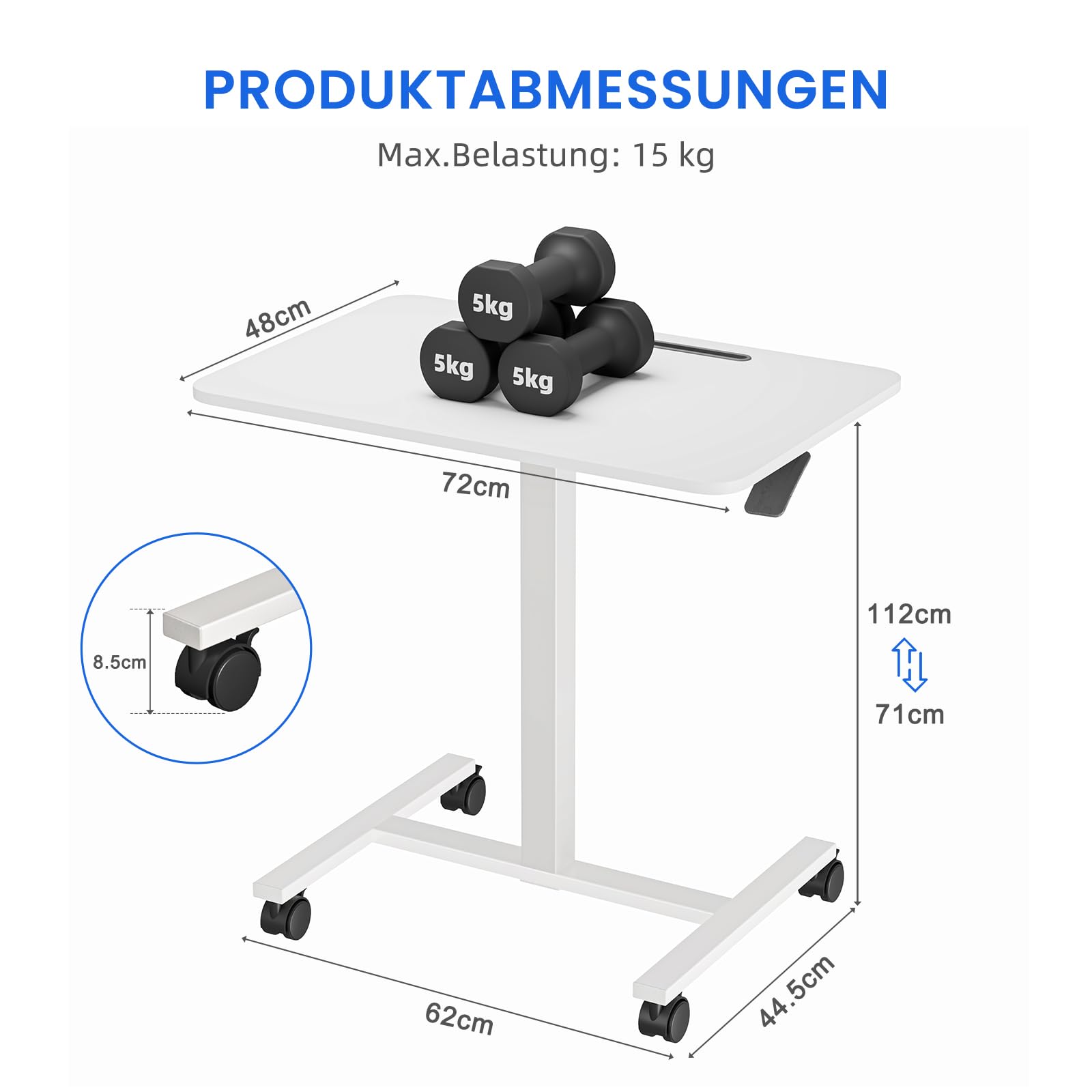 Dripex Computertisch höhenverstellbar mit Rollen, Nut für Tablet oder Handy, Steh-Sitz PC Tisch, Schreibtisch klein, mobiler Stehpult, pflegetisch, beistelltisch, weiß