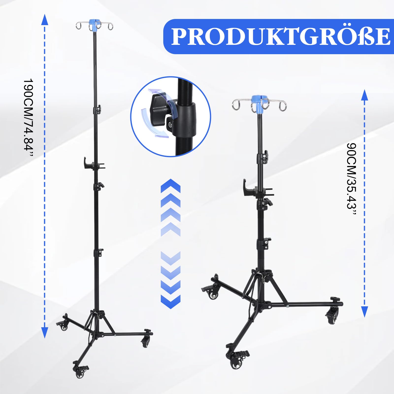 Supporto per infusione con ruote e ganci, pieghevole, regolabile in altezza, con 4 ganci e 3 ruote, supporto portatile per infusione per ospedale, assistenza domiciliare e in viaggio (con ganci)