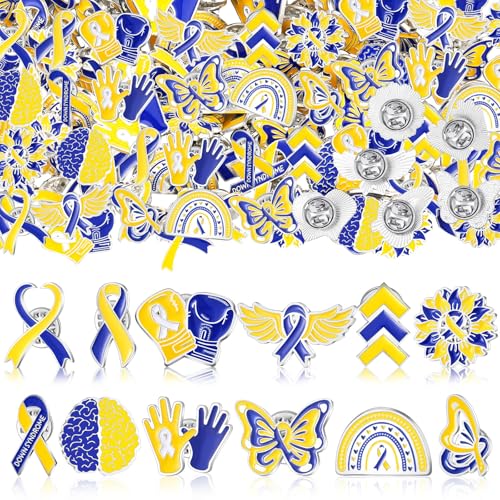 Image of Landical 60 Pcs Down Syndrome Awareness Pins Bulk Blue and Yellow Ribbon Awareness Enamel Lapel Pin World Down Syndrome Day Items Accessories for Social Public Charity Campaign Supplies, 12 Styles