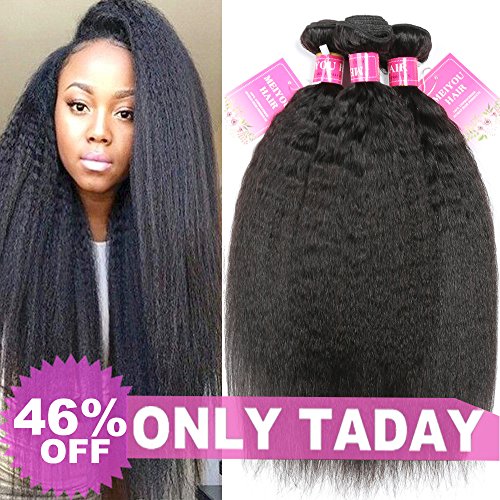 Mei You 8A Kinky Straight Hair 3 Bundles Yaki Human Hair Weave Unprocessed Brazilian Virgin Remy Sew in Hair Extensions Natural Black (10.12.14)