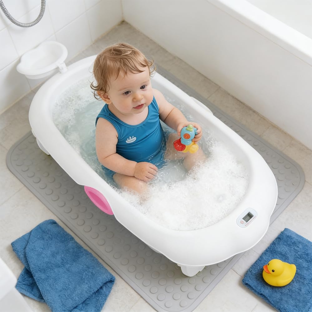 Homewell - Bañera para bebé plegable con cojín de baño para bebé y termómetro integrado, viaje, cuenca para bebé, bañera infantil, regalo de nacimiento, 97 x 52 x 24 cm (rosa)