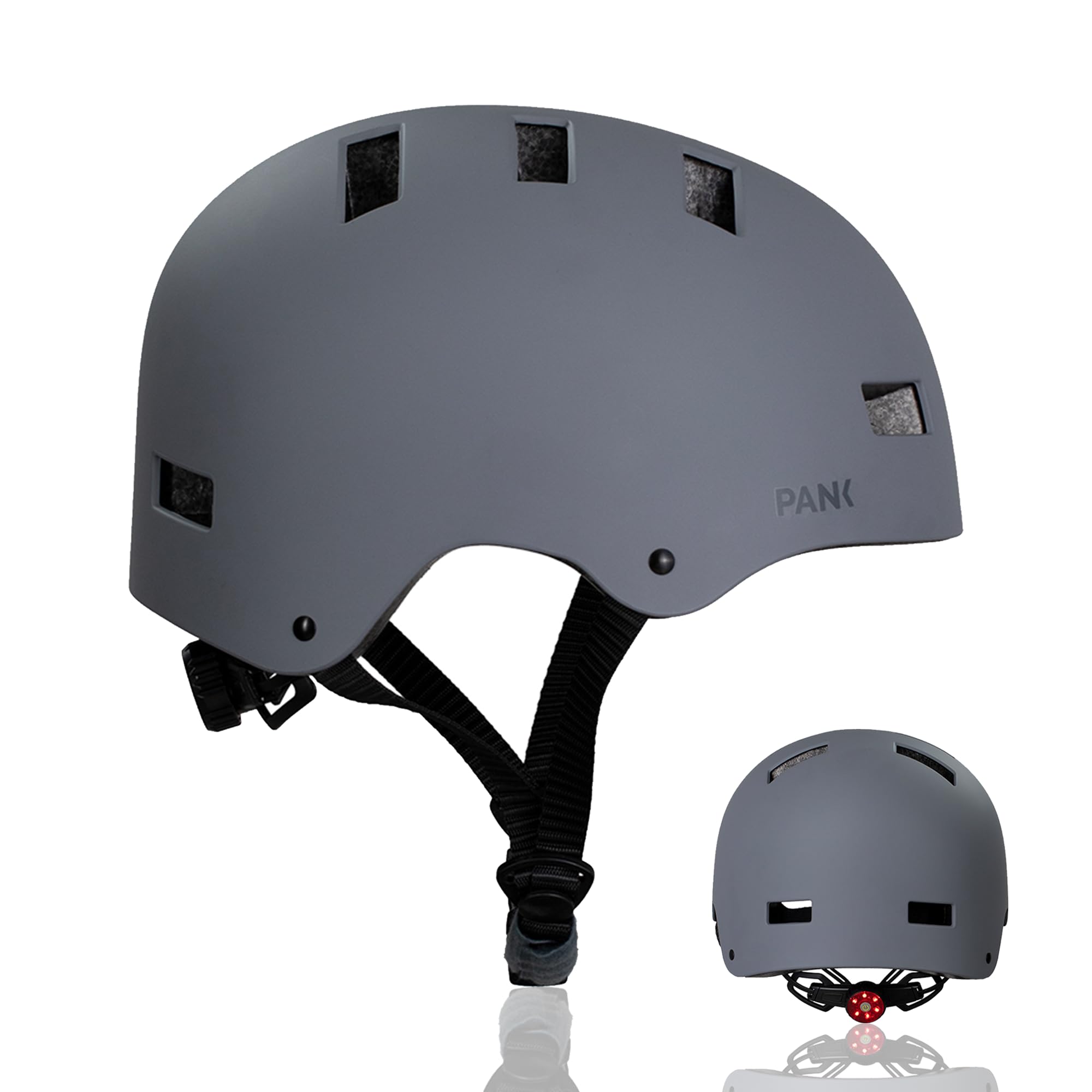 Pank Casco Monopattino Elettrico - Premium MTB e Arrampicata - Skateboard Con Luce Posteriore LED, Imbottitura Morbida per Uomo Donna Adulti - Nero Grigio Bianco Urban