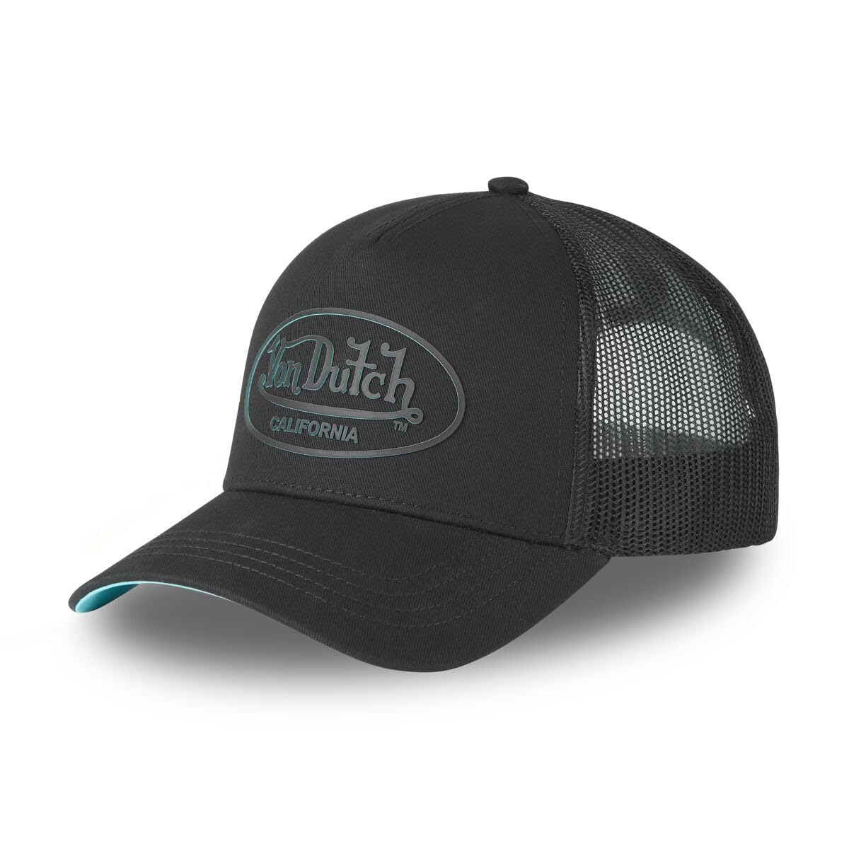 Von Dutch 126 Trucker Cap, Black with Turquoise Lapel, Breathable Mesh, California Style, Black With Turquoise Lapel, One size