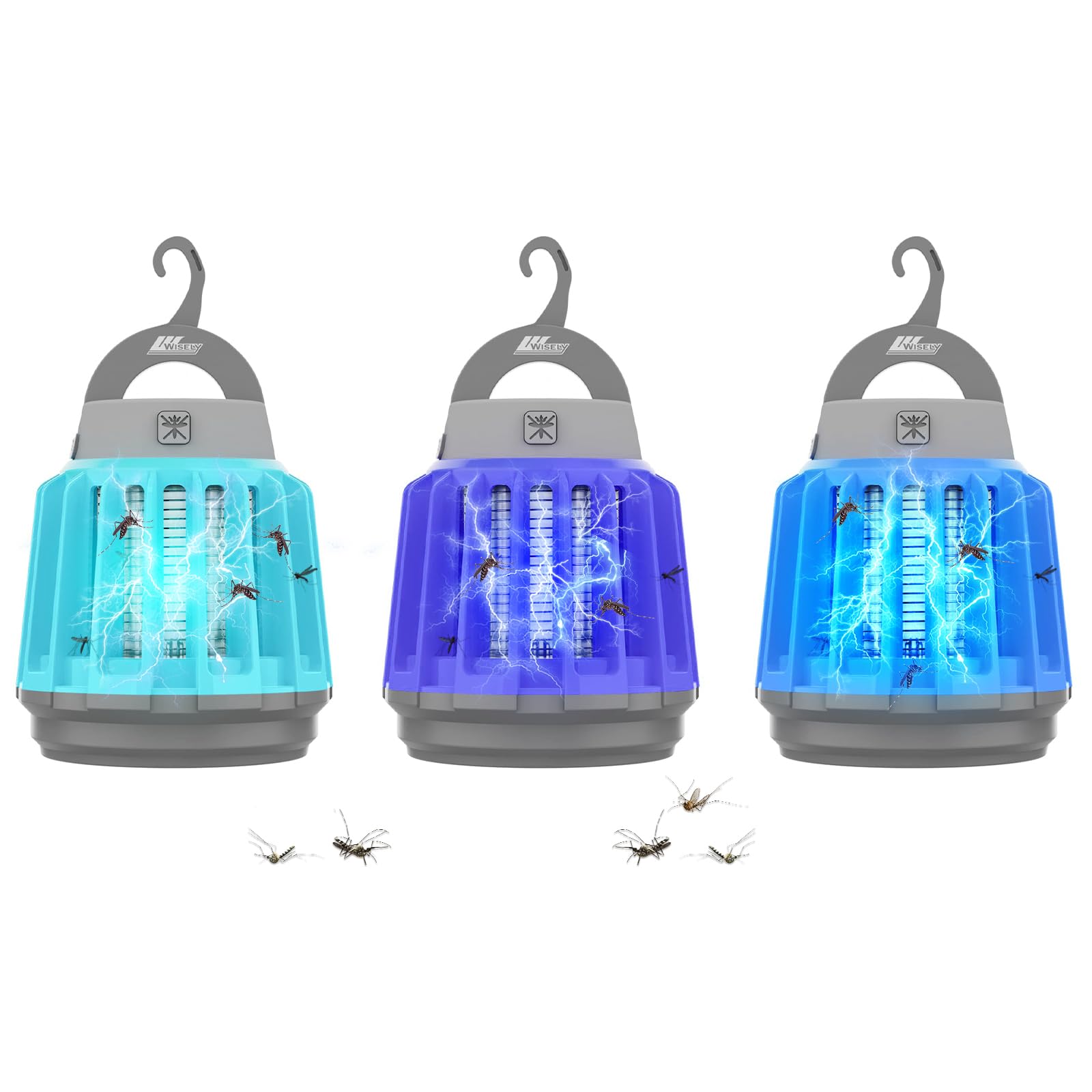 Wisely Bug Zapper Outdoor/Indoor Solar and USB-C Rechargeable Portable Insect Bug Zapper Indoor and Outdoor, Trap, 3-Pack