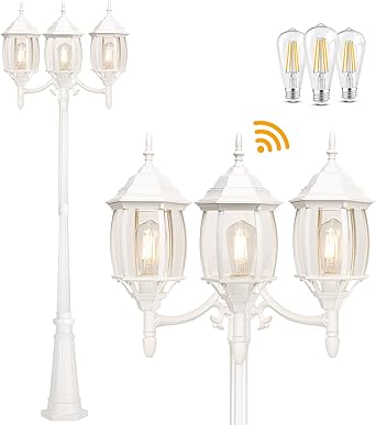 Dusk to Dawn Sensor Outdoor Lamp Post Light 3-Head, Classic White Light Pole with Clear Glass Panels (3 LED Bulbs Included, Max.100W), Waterproof Outside Street Light for Backyard, Garden, Driveway
