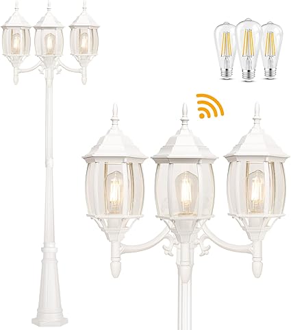 Dusk to Dawn Sensor Outdoor Lamp Post Light 3-Head, Classic White Light Pole with Clear Glass Panels (3 LED Bulbs Included, Max.100W), Waterproof Outside Street Light for Backyard, Garden, Driveway