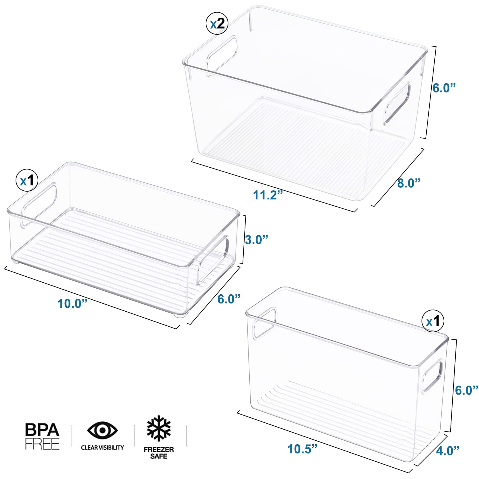 Plastic Refrigerator Organizer Bins 4 Piece Clear Fridge Organizers with Handles, Fridge