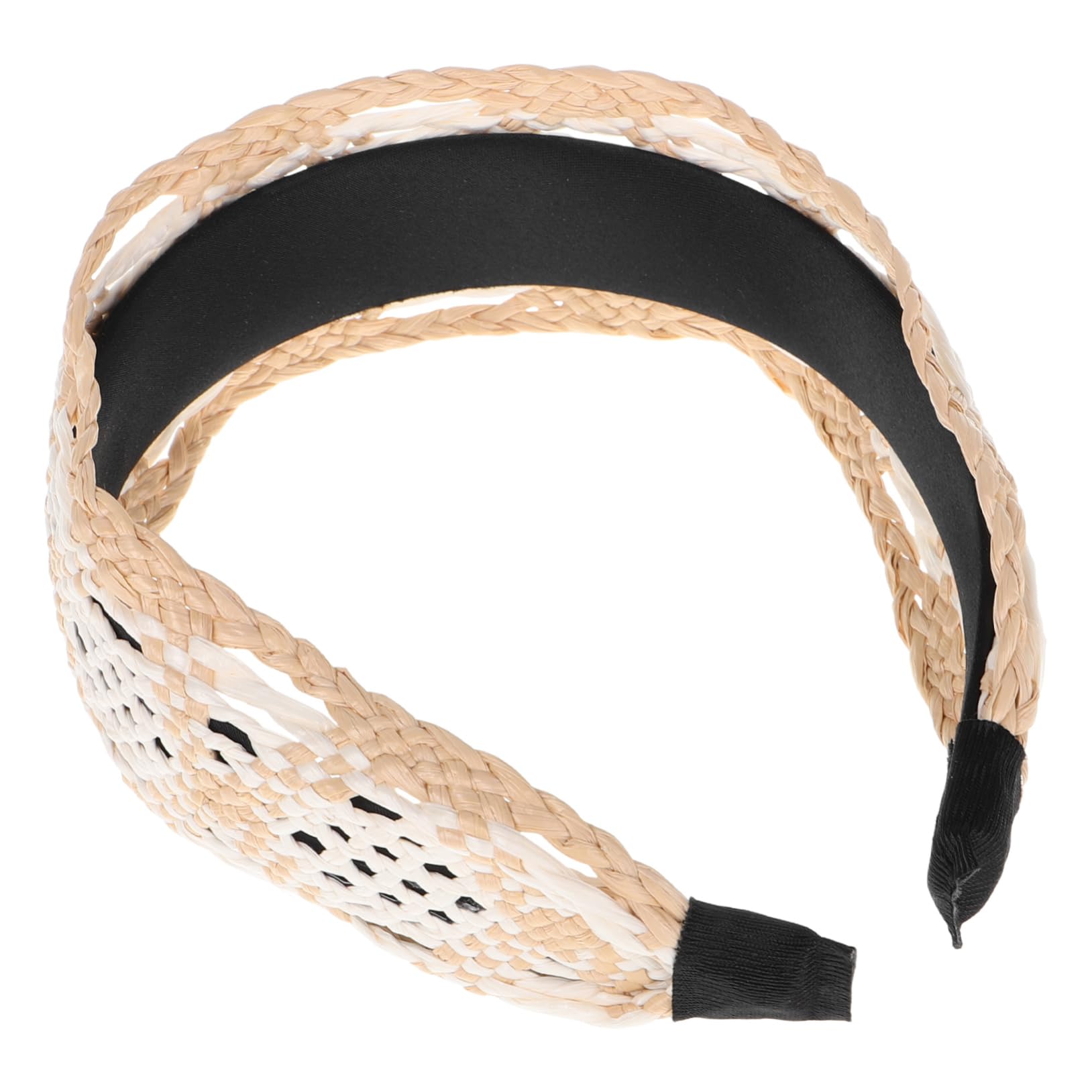Bandeau Large en Raffia Tressé pour Femmes, Beige, Vintage