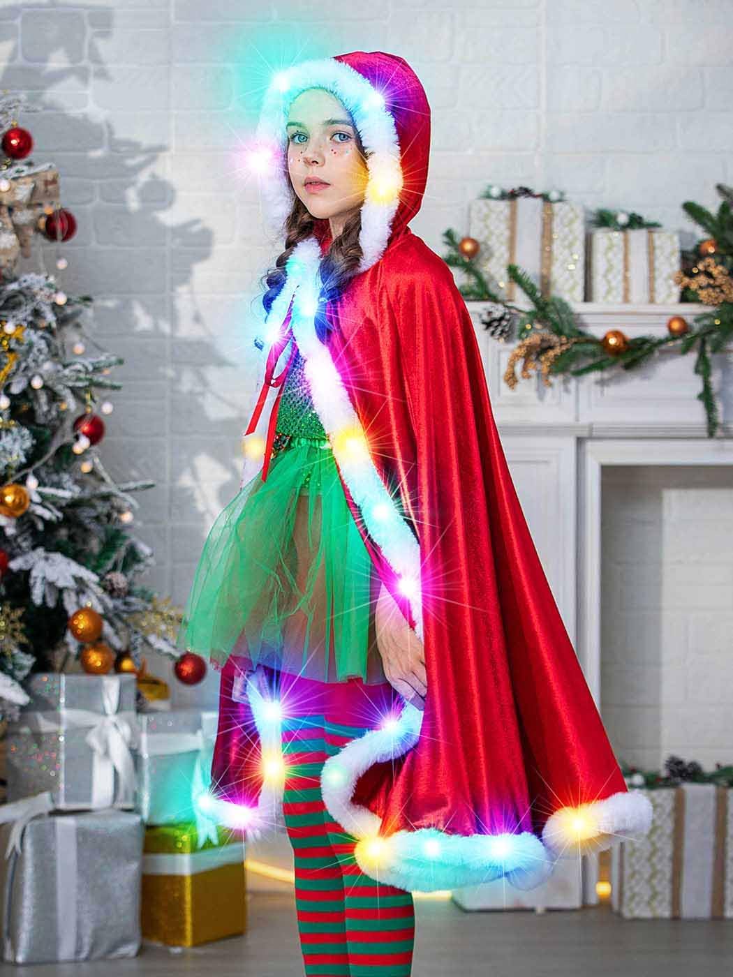 Unicra Christmas Velvet Cape Light up Xmas Cloak Cosplay Costume LED Santa Claus Hooed Cape Robe for Women and Girls