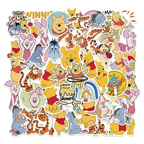 50Pcs Cute Pooh Bear Sticker for Kids, Cartoon Waterproof Vinyl Decal for Teen Girl Water Bottle Skateboard Notebook Phone Guitar Bike