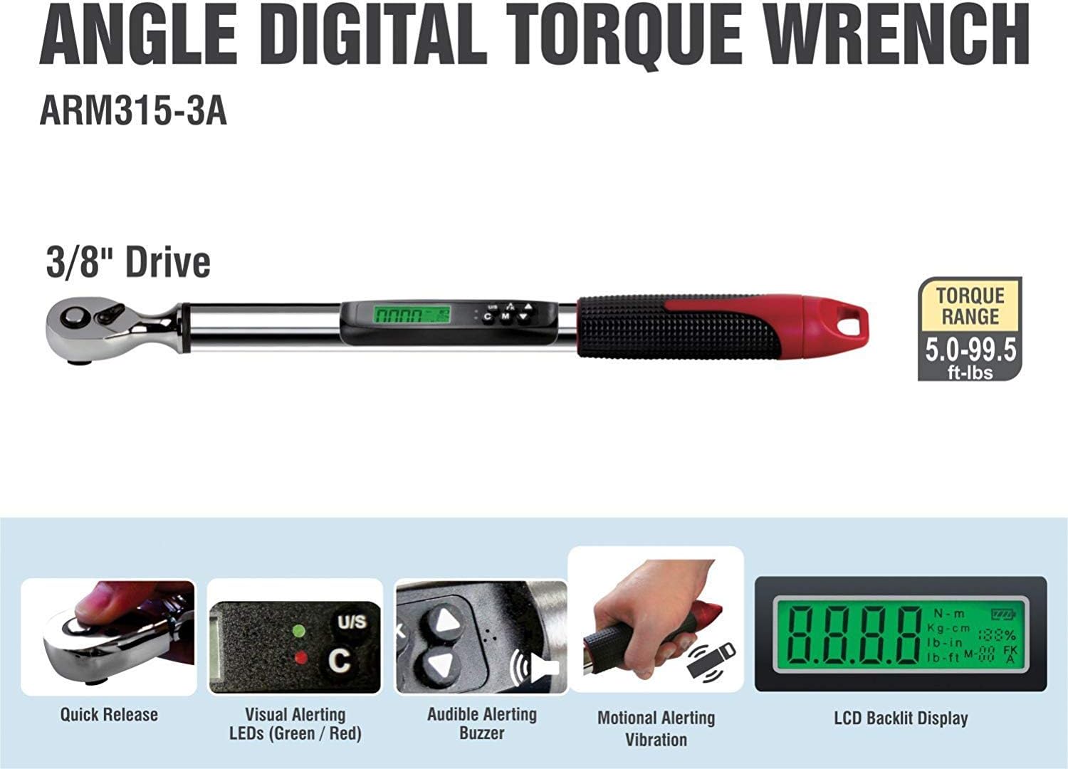 Gеt Sресіаl Prісе ACDelco Tools ARM315-3A 3/8” (5.0 to 99.5 ft-lbs.) Heavy Duty Angle Digital Torque Wrench with Buzzer and LED Flash Notification – ISO 6789 Standards with Certificate of Calibration