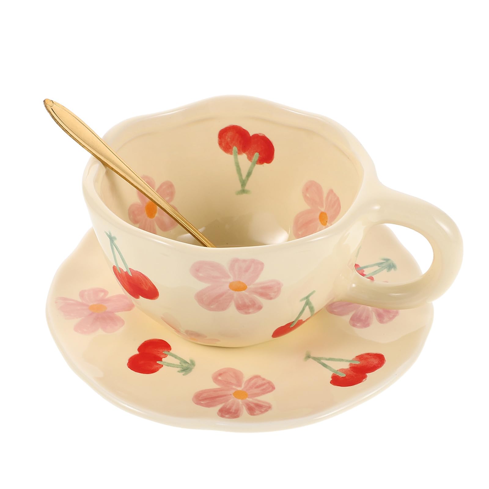 Juego de Taza de Café Adecuado para Reuniones Familiares y Descansos en Oficina de Cerámica Rosa con Platillo y Cuchara, Diseño Único Resistente que Previene Manchas