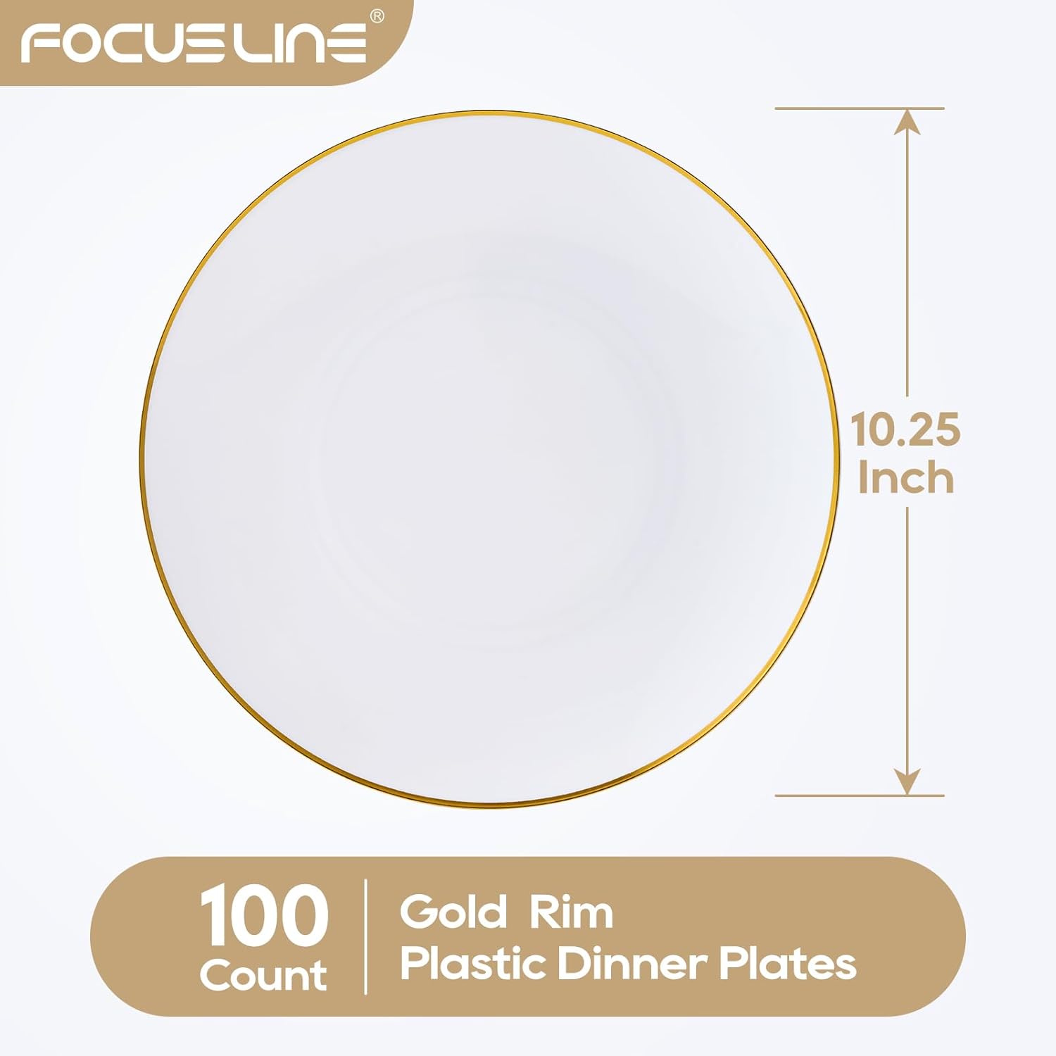 FOCUSLINE 100 Count Gold Plastic Plates 10.25 Inch, Disposable Heavy Duty Dinner Plates, Premium Hard Plastic Plate Fancy Disposable White Plate with Gold Rim