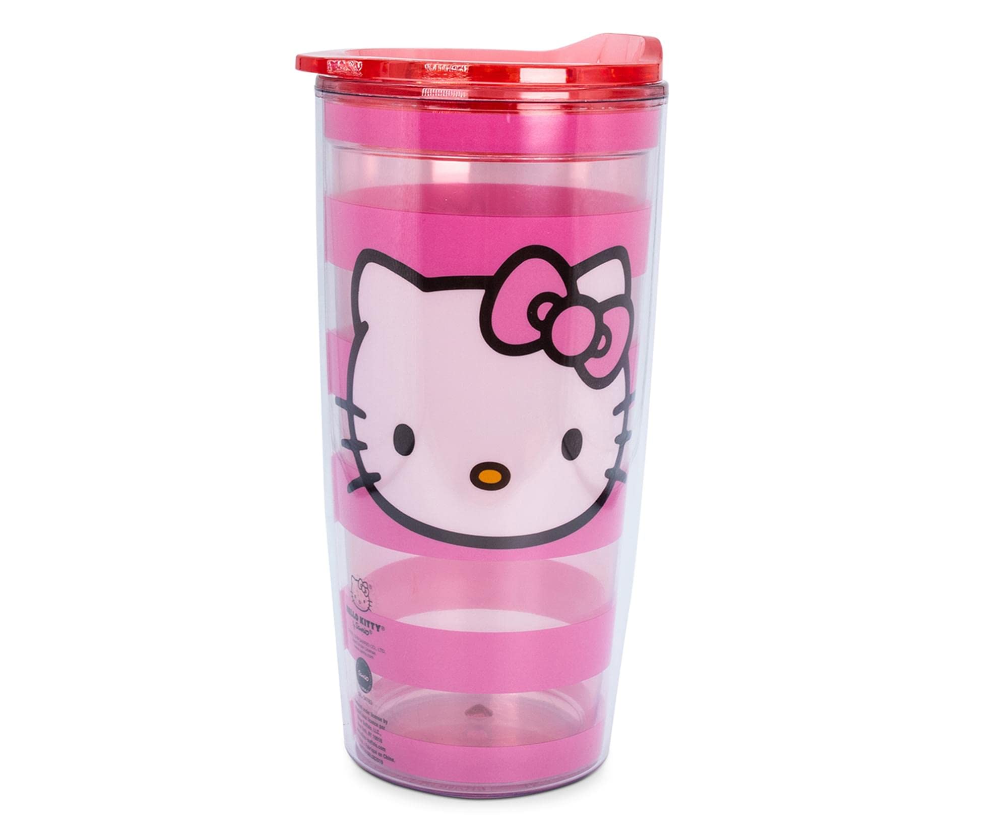Silver BuffaloHello Kitty Face Logo Pink Stripes 20oz Double Wall Travel Tumbler w/Slide Close Lid