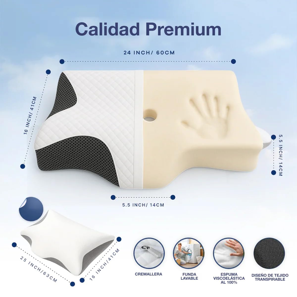 OrthoSleep – Alivio Cervical Almohada Cervical y Cuello 2 en 1, Ergonómica de Espuma de Memoria, con Funda Saca - Pone, Ideal para Dormir de Lado, de Espalda o de Vientre