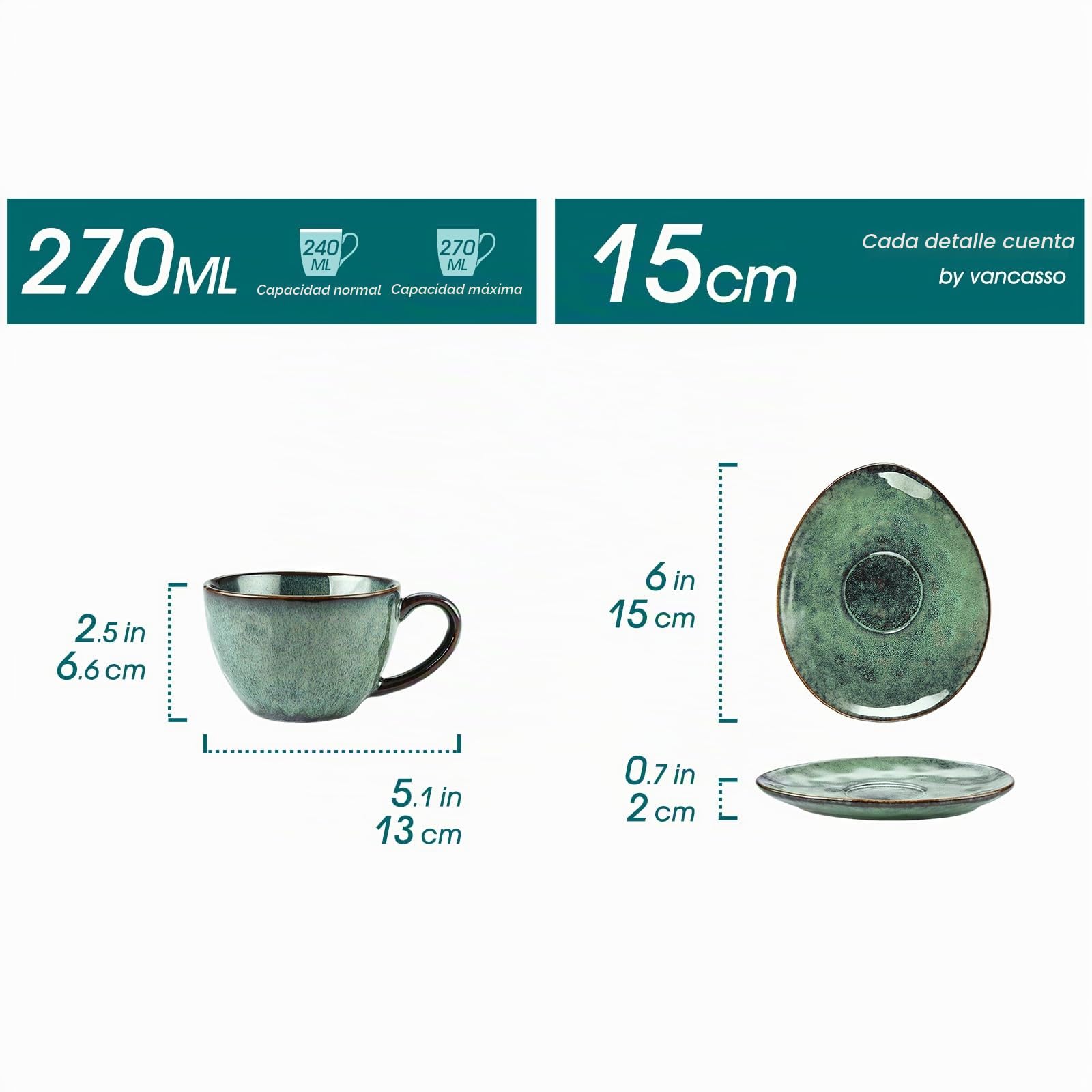 vancasso serie Starry Juego de Café 8 piezas con 4 Tazas y 4 Platillos Vajillas de Gres para Desayuno/Café, Irregular Esmalte Verde