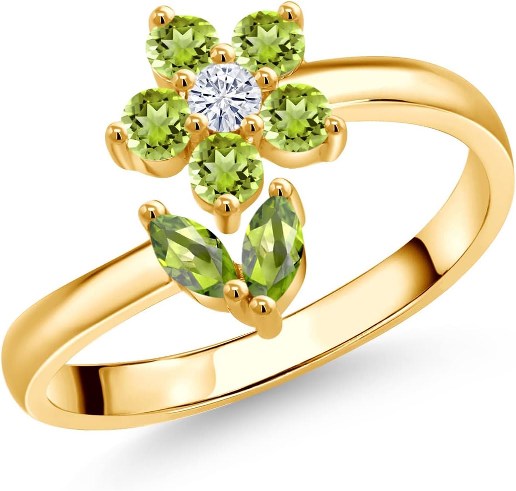 Gem Stone King 18K Yellow Gold Plated Silver Green Peridot and White Moissanite Flower Open Ring For Women (0.59 Cttw, Gemstone August Birthstone)