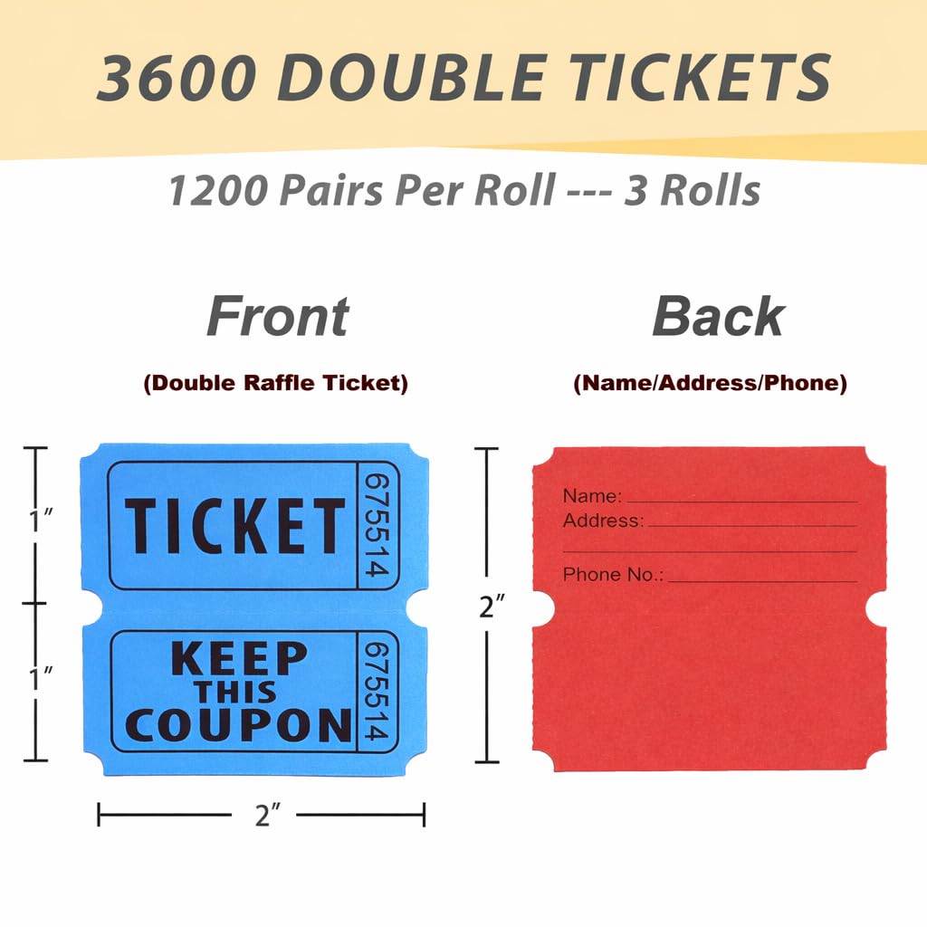 Homrelaxy 3600 boletos dobles para rifa, 1200 boletos por rollo, surtido de boletos de rifa 50/50 para eventos, entradas, carnavales y premios de puerta (azul/rojo/verde)