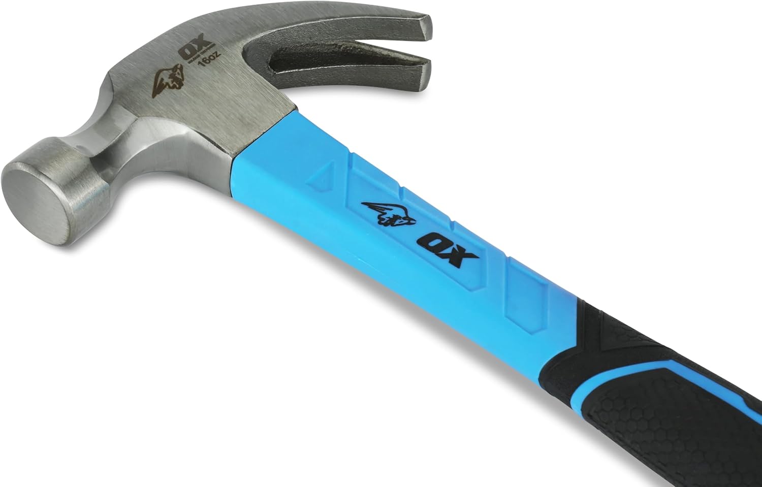 OX Trade 16oz/450g Curved Claw Hammer with Fiberglass Handle, Hardened & Tempered Steel Head, Shock Absorbent, Lightweight & Balanced Design, OX-T081216