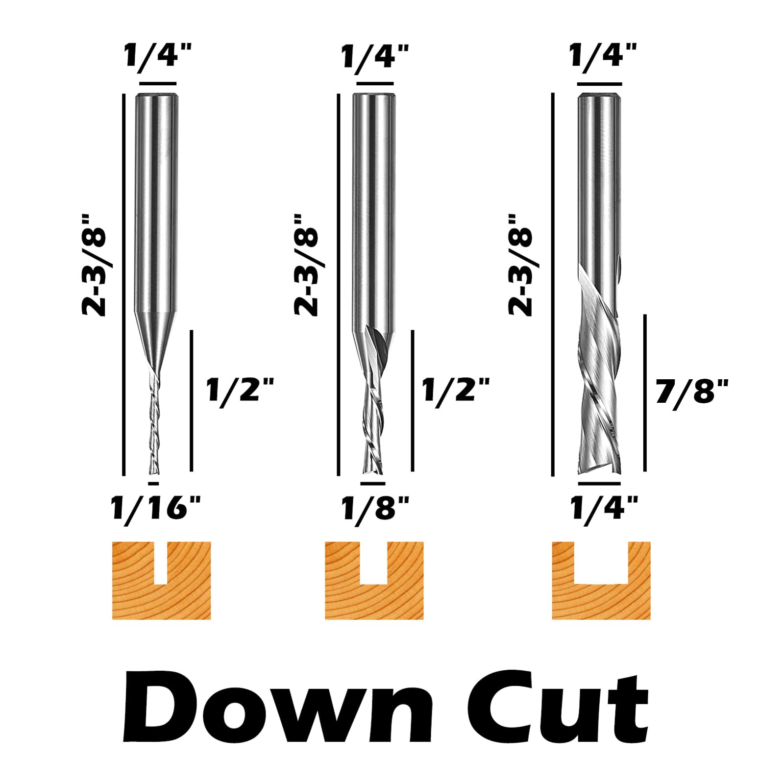 Genmitsu 5-teiliges Schaftfräser-Set für CNC-Fräser mit Down-Cut und Kompressionsschnitt, 1/4-Zoll-Schaft, CNC-Fräser aus Wolframstahl für Fräsmaschine mit 2-schneidigem Fräsersatz, DSBC05