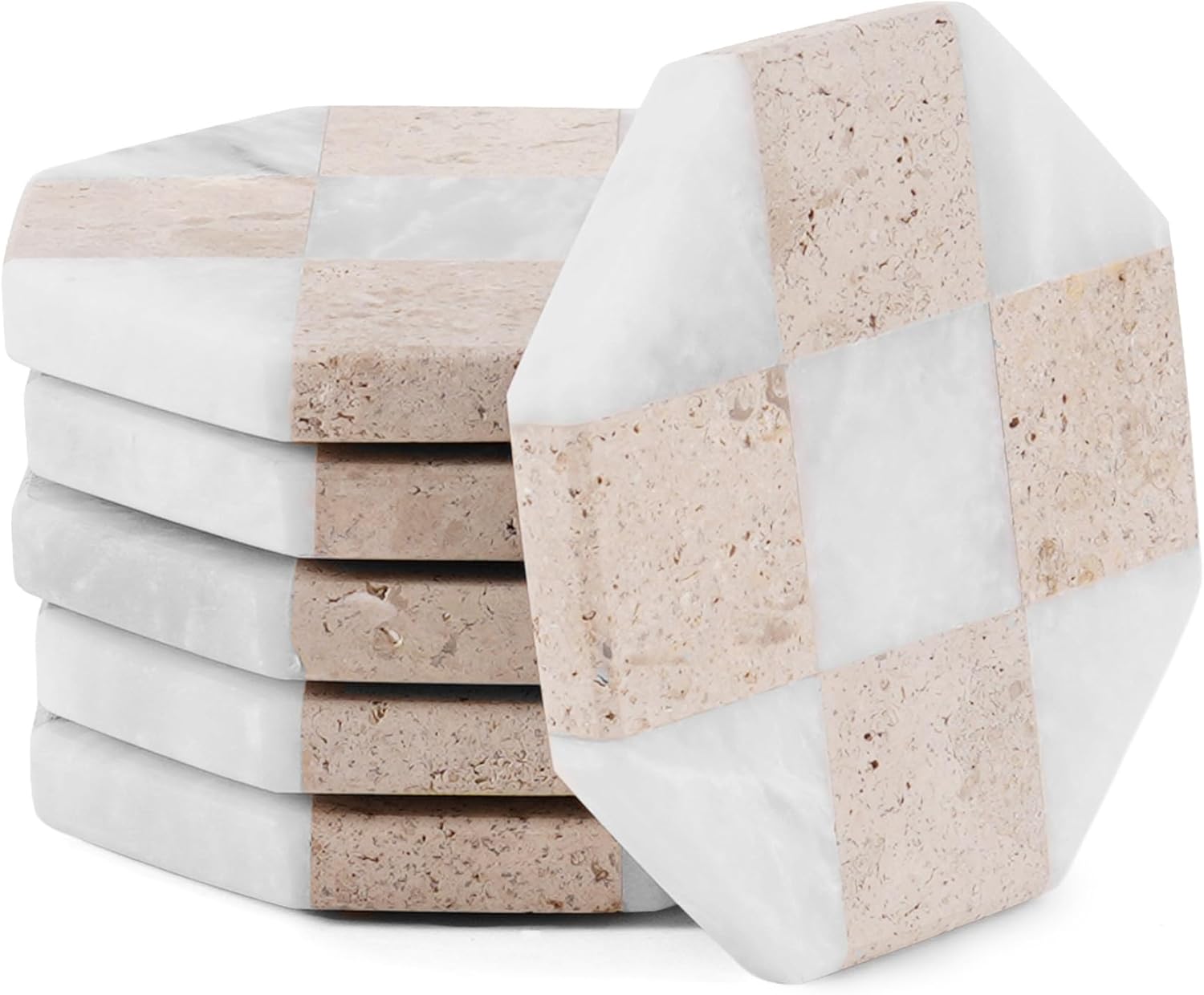 Marble Coasters Set of 6, White & Green Onyx Handmade 4 inch Stone Star Coasters, Elegant Table Coaster for Drinks, Durable Kitchen Décor & Home Accessories