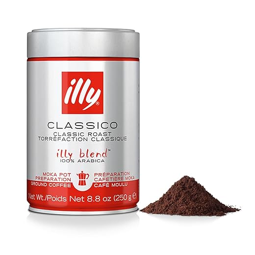 Illy Classico Ground Moka Coffee, Medium Roast, 100% Arabica Bean Signature Italian Blend, Pressurized Fresh, Stovetop Moka Pot Preparations, 8.8 Ounce Can (Pack of 1)