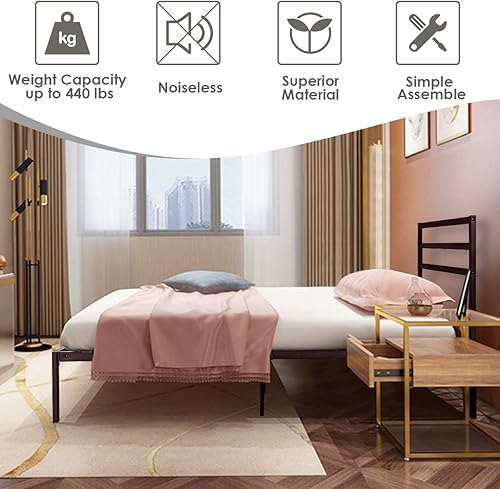 Miniatura 6 de Giantex Marco de metal de 14 pulgadas, plataforma de estudio moderna, tamaño matrimonial, soporte de listones de madera de 1500 horas con cabecero