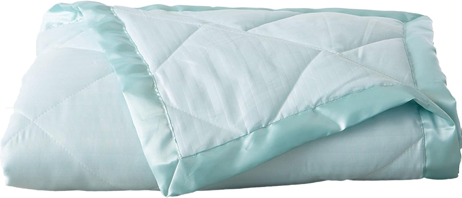 Great Bay Home Lightweight Queen Goose Down Alternative Quilted Blanket with Satin Trim. Romana Collection, Pale Blue