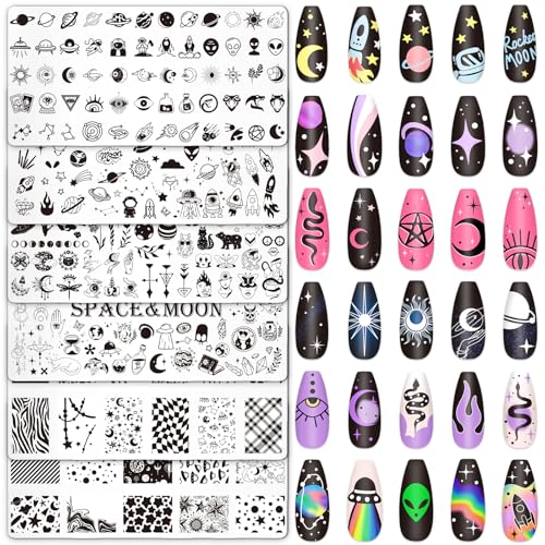 Whaline 6 Pcs Outer Space Nail Plates Stamping Set Rocket Moon Planet Astronaut Stamp Templates Nail Art Plates for DIY Print Manicure Salon Design