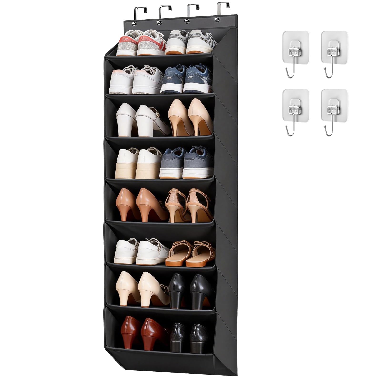 Scuml Black 8 Shelf Over Door Shoe Storage, Hanging Shoe Rack With Deep Pockets, Overdoor Shoes Organiser With 4 Sturdy Metal Hooks Back Of Door Storage Fits 20 Pairs For Narrow Closet And Dorm (Black)